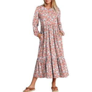 imageANRABESS Long Sleeve Midi Dresses for Women Casual 2025 Fall Crewneck A Line Tiered Flowy Loose Trendy Dresses with PocketsFloral Pink