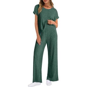 imageANRABESS Lounge Sets For Women Fall Ribbed Knit 2 Piece Pajama Sets Casual Short Sleeve Top and Long Pants Matching OutfitsGreen