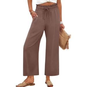 imageANRABESS Women 2025 Summer Casual Flowy Loose High Waist Boho Wide Leg Cropped Palazzo Lounge Beach Vacation Pants TrousersCoffee