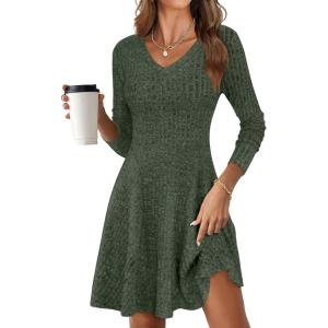 imageANRABESS Women Long Sleeve Ribbed Knit Short Dresses 2025 Fall Winter V Neck Casual Swing A Line Sweater DressDeep Green