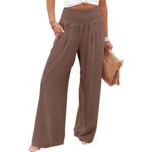 imageANRABESS Women Palazzo Pants Summer Flowy Wide Leg High Waist Lounge Trousers with Pockets 2025 Casual Beach Vacation OutfitsCoffee