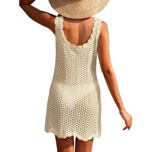 imageANRABESS Women Swimsuit Cover Ups Summer Sleeveless Beach Crochet Swimwear Bathing Suit Knit Swim Dress 2025 Vacation OutfitsBeige