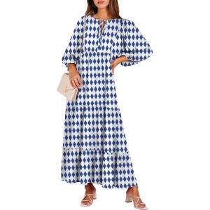 imageANRABESS Womens Boho Maxi Dresses 2025 Summer V Neck Puff Sleeve Floral Flowy Swing Fall Casual Long DressBlue