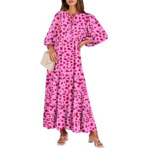imageANRABESS Womens Boho Maxi Dresses 2025 Summer V Neck Puff Sleeve Floral Flowy Swing Fall Casual Long DressRose Red Floral