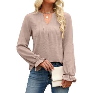 imageANRABESS Womens Dressy Casual Blouses V Neck Long Sleeve 2025 Fall Loose Fit Tunic Tops Pleated T Shirts Trendy OutfitsApricot
