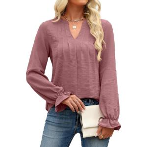 imageANRABESS Womens Dressy Casual Blouses V Neck Long Sleeve 2025 Fall Loose Fit Tunic Tops Pleated T Shirts Trendy OutfitsDusty Rose