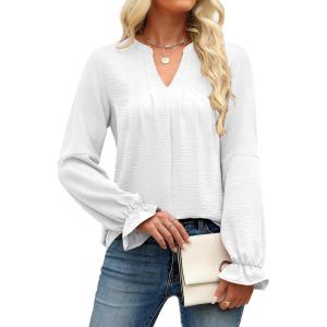 imageANRABESS Womens Dressy Casual Blouses V Neck Long Sleeve 2025 Fall Loose Fit Tunic Tops Pleated T Shirts Trendy OutfitsWhite