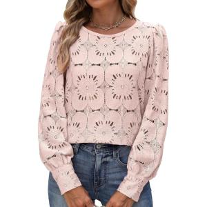 imageANRABESS Womens Eyelet Long Sleeve Tops Business Casual Blouses Crochet Lace Shirts 2025 Fall Fashion OutfitsPink
