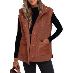 imageANRABESS Womens Fleece Vest Loose Warm Button Down Fall Fuzzy Sherpa Jackets Fuzzy Vest With Pockets Winter OuterwearRust Orange