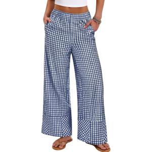 imageANRABESS Womens Gingham Striped Boxer Pants Pajama Lounge PJ Bottoms Plaid Wide Leg Casual Cute Fall Trousers with PocketsBlue White Plaid
