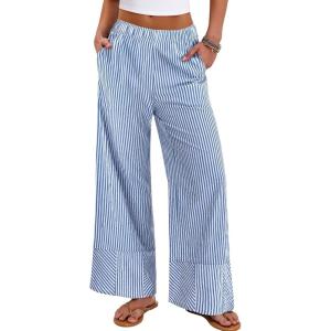 imageANRABESS Womens Gingham Striped Boxer Pants Pajama Lounge PJ Bottoms Plaid Wide Leg Casual Cute Fall Trousers with PocketsBlue White Stripe