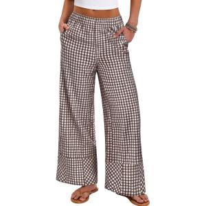 imageANRABESS Womens Gingham Striped Boxer Pants Pajama Lounge PJ Bottoms Plaid Wide Leg Casual Cute Fall Trousers with PocketsBrown White Plaid
