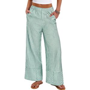 imageANRABESS Womens Gingham Striped Boxer Pants Pajama Lounge PJ Bottoms Plaid Wide Leg Casual Cute Fall Trousers with PocketsGreen White Plaid