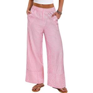 imageANRABESS Womens Gingham Striped Boxer Pants Pajama Lounge PJ Bottoms Plaid Wide Leg Casual Cute Fall Trousers with PocketsPink White Plaid