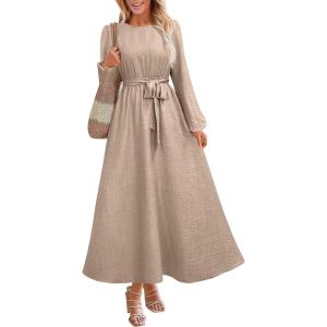 imageANRABESS Womens Long Sleeve Dress 2025 Fall Casual Empire Waist ALine Flowy Maxi Dresses with Pockets Vacation OutfitsLight Khaki