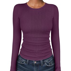 imageANRABESS Womens Long Sleeve Shirts Crewneck Ribbed Knitted Slim Fitted Tops Basic Tee 2025 Fall Outfits Dressy Casual BlousePurple Red