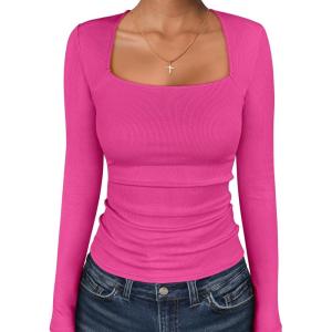 imageANRABESS Womens Long Sleeve Square Neck Tops Ribbed Knit Slim Fit Shirts Basic Tee 2025 Fall Dressy Casual TShirts ClothesHot Pink