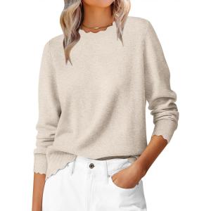 imageANRABESS Womens Long Sleeve Sweaters Loose Fit Lightweight Scalloped Knit Soft Dressy Pullover Tops 2025 Fall Casual OutfitsAlmond