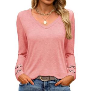 imageANRABESS Womens Long Sleeve Tops Lace Dressy Casual Blouses 2025 Fall Tunic Shirts Trendy V Neck TShirts Work Travel OutfitsCoral