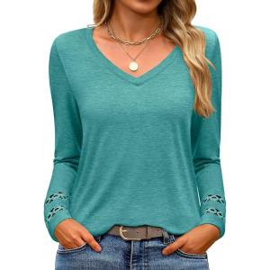 imageANRABESS Womens Long Sleeve Tops Lace Dressy Casual Blouses 2025 Fall Tunic Shirts Trendy V Neck TShirts Work Travel OutfitsCyan Green