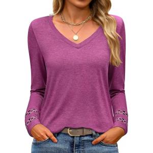 imageANRABESS Womens Long Sleeve Tops Lace Dressy Casual Blouses 2025 Fall Tunic Shirts Trendy V Neck TShirts Work Travel OutfitsFuchsia