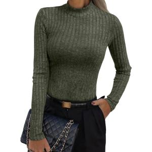 imageANRABESS Womens Long Sleeve Tops Mock Neck Ribbed Knit Slim Fit Pleated Basic T Shirts Lightweight Sweater Going Out ClothesOlive Green