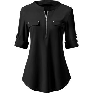 imageANRABESS Womens Plaid Shirts 34 Length Sleeve Half Zip Business Casual Tops Office Work Blouses 2025 Fall OutfitsBlack
