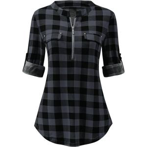 imageANRABESS Womens Plaid Shirts 34 Length Sleeve Half Zip Business Casual Tops Office Work Blouses 2025 Fall OutfitsBlack Plaid