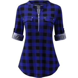 imageANRABESS Womens Plaid Shirts 34 Length Sleeve Half Zip Business Casual Tops Office Work Blouses 2025 Fall OutfitsBlue Plaid