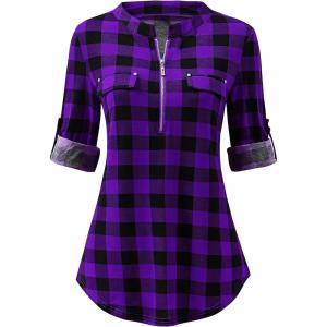 imageANRABESS Womens Plaid Shirts 34 Length Sleeve Half Zip Business Casual Tops Office Work Blouses 2025 Fall OutfitsPurple Plaid
