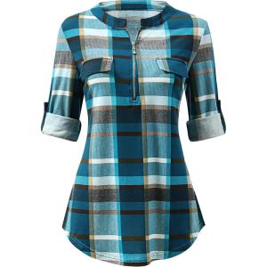 imageANRABESS Womens Plaid Shirts 34 Length Sleeve Half Zip Business Casual Tops Office Work Blouses 2025 Fall OutfitsTurquoise