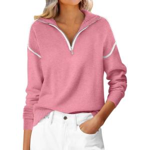 imageANRABESS Womens Quarter Zip Sweaters Fall Long Sleeve V Neck Shirts Collared Business Casual Tops Knit Pullover SweatshirtsCoral Pink