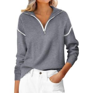 imageANRABESS Womens Quarter Zip Sweaters Fall Long Sleeve V Neck Shirts Collared Business Casual Tops Knit Pullover SweatshirtsDark Grey