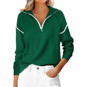 imageANRABESS Womens Quarter Zip Sweaters Fall Long Sleeve V Neck Shirts Collared Business Casual Tops Knit Pullover SweatshirtsForest Green
