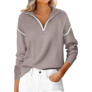 imageANRABESS Womens Quarter Zip Sweaters Fall Long Sleeve V Neck Shirts Collared Business Casual Tops Knit Pullover SweatshirtsGrey Khaki