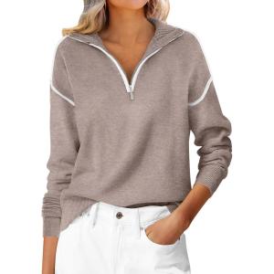 imageANRABESS Womens Quarter Zip Sweaters Fall Long Sleeve V Neck Shirts Collared Business Casual Tops Knit Pullover SweatshirtsLight Khkai