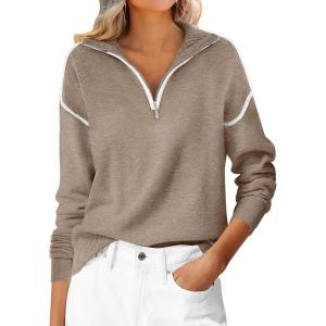 imageANRABESS Womens Quarter Zip Sweaters Fall Long Sleeve V Neck Shirts Collared Business Casual Tops Knit Pullover SweatshirtsTan