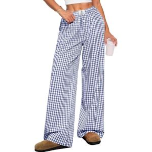 imageANRABESS Womens Striped Gingham Pants 2025 Pajama Lounge Boxer Pants Cute Comfy PJ Bottoms with Pockets Y2K Plaid OutfitsBlue White Plaid
