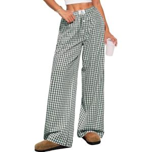 imageANRABESS Womens Striped Gingham Pants 2025 Pajama Lounge Boxer Pants Cute Comfy PJ Bottoms with Pockets Y2K Plaid OutfitsDeep Green White Plaid