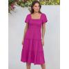 imageANRABESS Women Summer Casual Square Neck Flutter Sleeve Boho Smocked ALine Flowy Tiered Modest Midi Sun Dress with PocketsHot Pink
