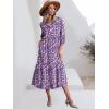 imageANRABESS Women Summer Dress 2025 34 Puff Sleeve Polo V Neck Floral Print Casual Boho Shirt Maxi Dress Beach Vacation ClothesPurple Pink Floral