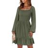 imageANRABESS Womens Long Lantern Sleeve Square Neck Dress Smocked Tiered High Waist Ruffle Flowy Swing 2025 Fall Short DressesArmy Green