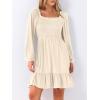 imageANRABESS Womens Long Lantern Sleeve Square Neck Dress Smocked Tiered High Waist Ruffle Flowy Swing 2025 Fall Short DressesBeige