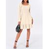 imageANRABESS Womens Long Lantern Sleeve Square Neck Dress Smocked Tiered High Waist Ruffle Flowy Swing 2025 Fall Short DressesBeige