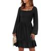 imageANRABESS Womens Long Lantern Sleeve Square Neck Dress Smocked Tiered High Waist Ruffle Flowy Swing 2025 Fall Short DressesBlack
