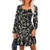 imageANRABESS Womens Long Lantern Sleeve Square Neck Dress Smocked Tiered High Waist Ruffle Flowy Swing 2025 Fall Short DressesBlack Floral