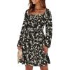imageANRABESS Womens Long Lantern Sleeve Square Neck Dress Smocked Tiered High Waist Ruffle Flowy Swing 2025 Fall Short DressesBlack Floral