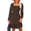 imageANRABESS Womens Long Lantern Sleeve Square Neck Dress Smocked Tiered High Waist Ruffle Flowy Swing 2025 Fall Short DressesBrown