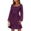 imageANRABESS Womens Long Lantern Sleeve Square Neck Dress Smocked Tiered High Waist Ruffle Flowy Swing 2025 Fall Short DressesDeep Purple