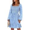 imageANRABESS Womens Long Lantern Sleeve Square Neck Dress Smocked Tiered High Waist Ruffle Flowy Swing 2025 Fall Short DressesFloral Blue